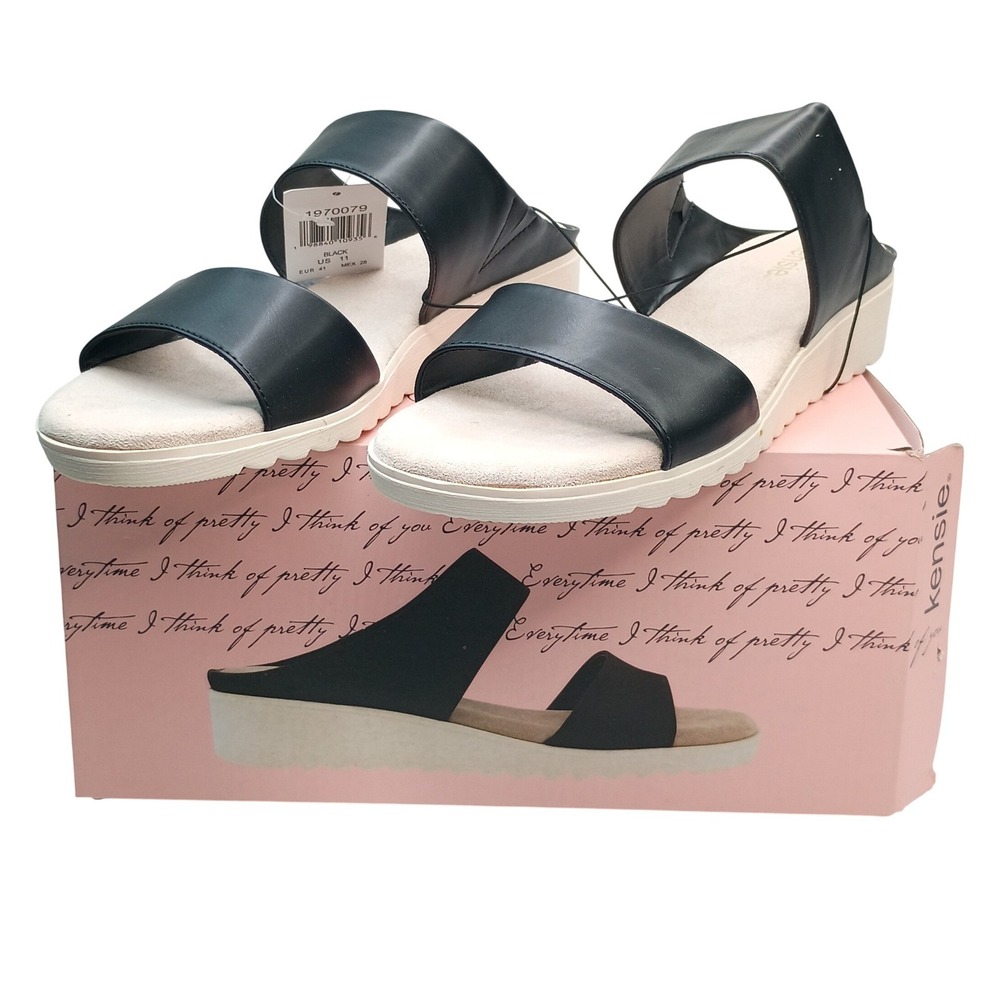 Kensie Endy Comfort Slide Women Size 11 Black Faux Leather Wedge Sandal KS261620